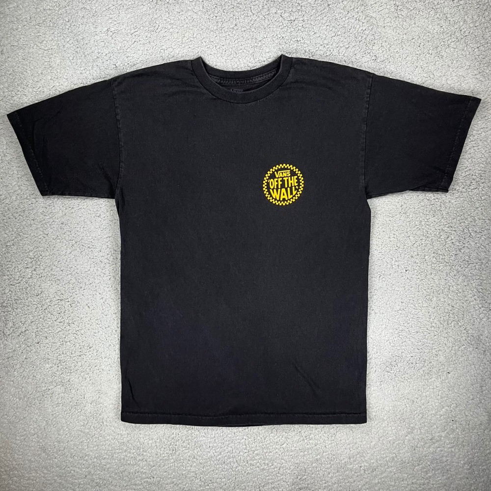 Vans Off The Wall Mens Medium Black Yellow Checkerboard Logo Graphic T-Shirt